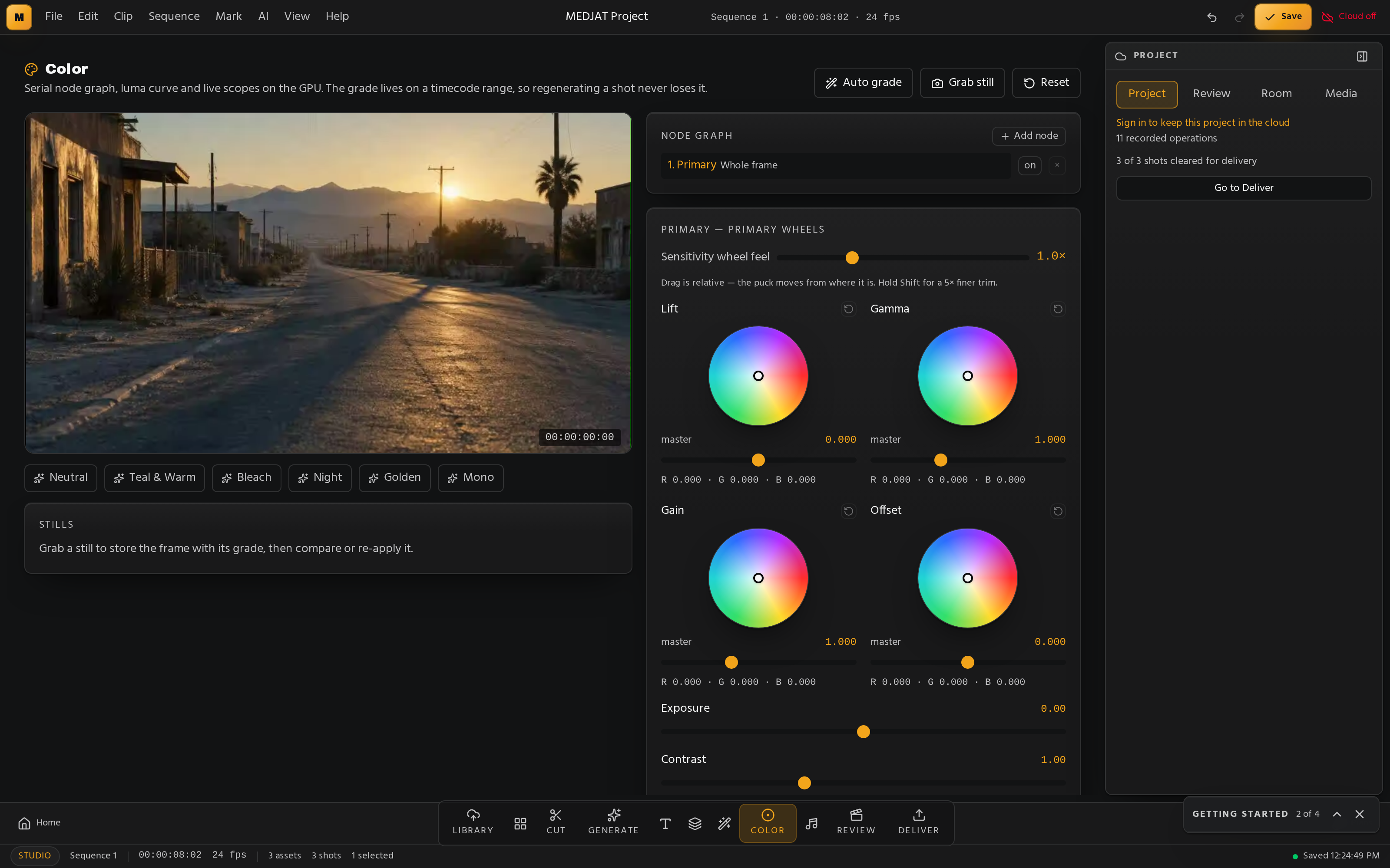 The MEDJAT colour page with scopes and grading controls