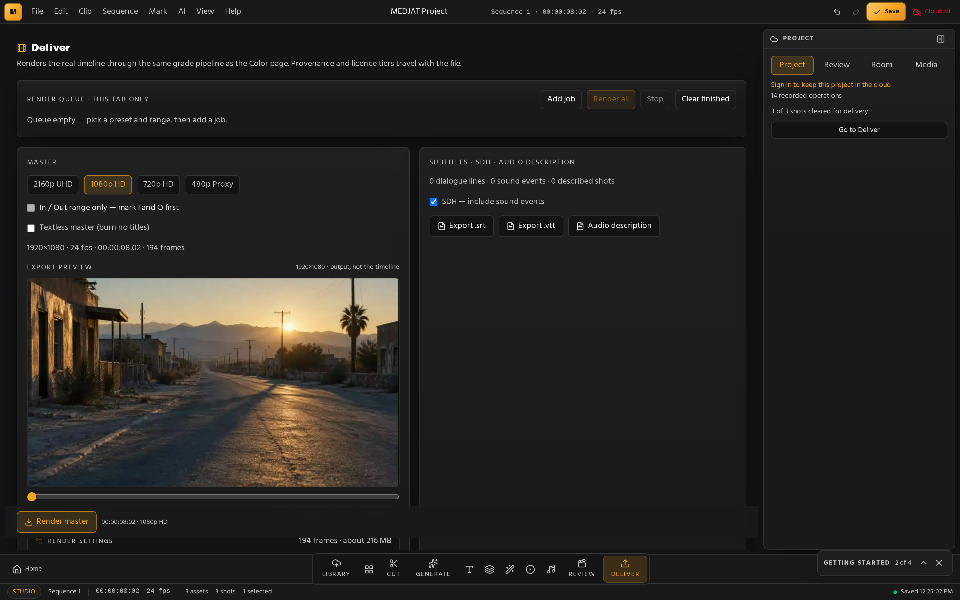 The MEDJAT delivery page with export presets and validation