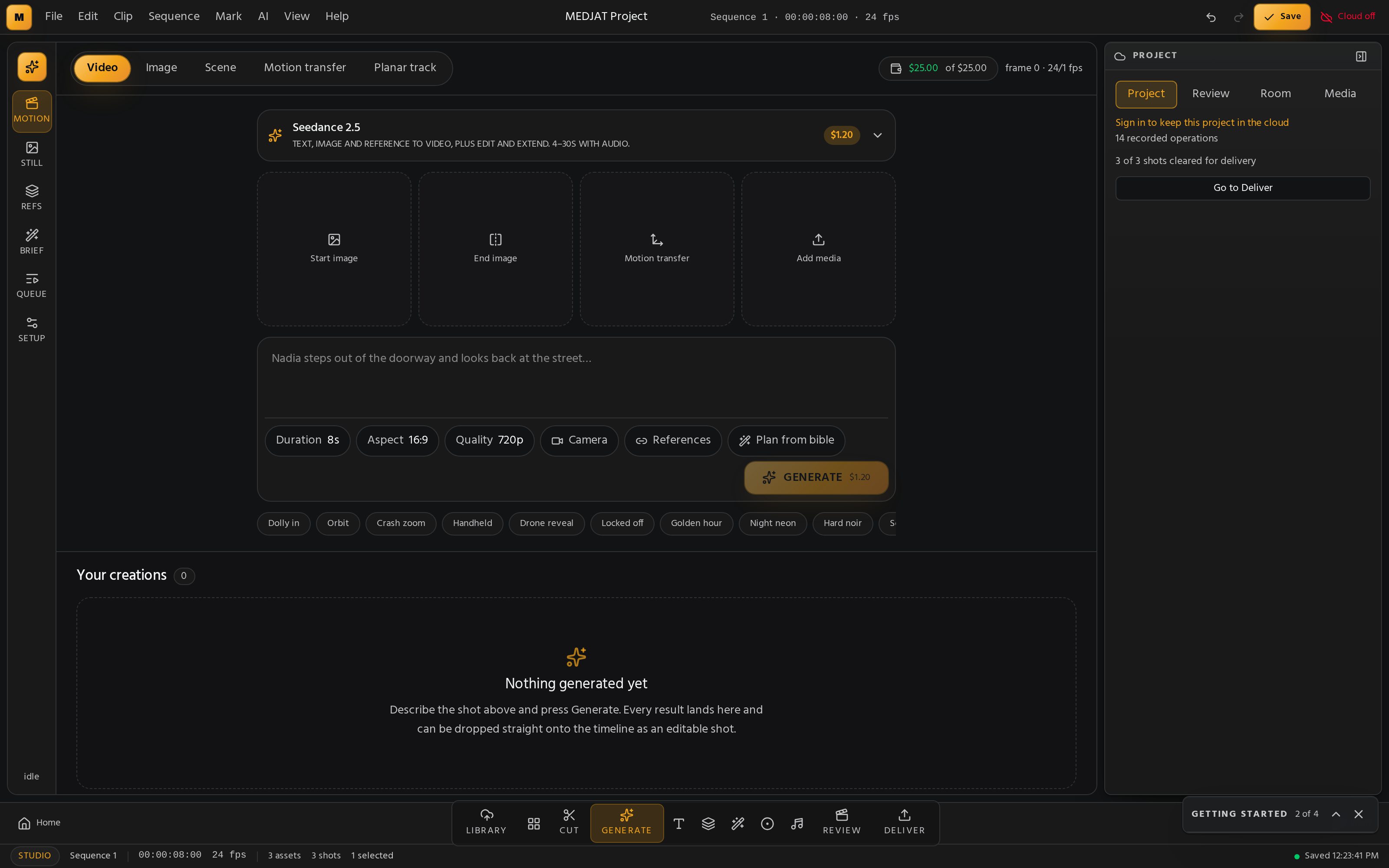 The MEDJAT generation page with model, duration, aspect and quality controls